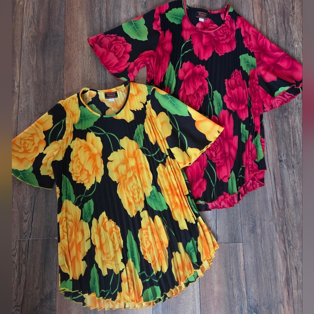 Pleated Vibrant Floral Short Sleeve Blouses Set Of 2 Made In Thailand